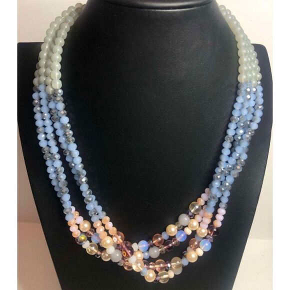 1360 TALBOTS blue beaded faux pearl crystal 4 layer necklace 18-21" - Picture 1 of 2